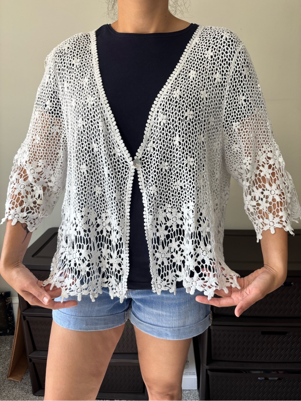 White Cottagecore Floral Knitted crochet lace cardigan Bohemian shrug - Size 1X